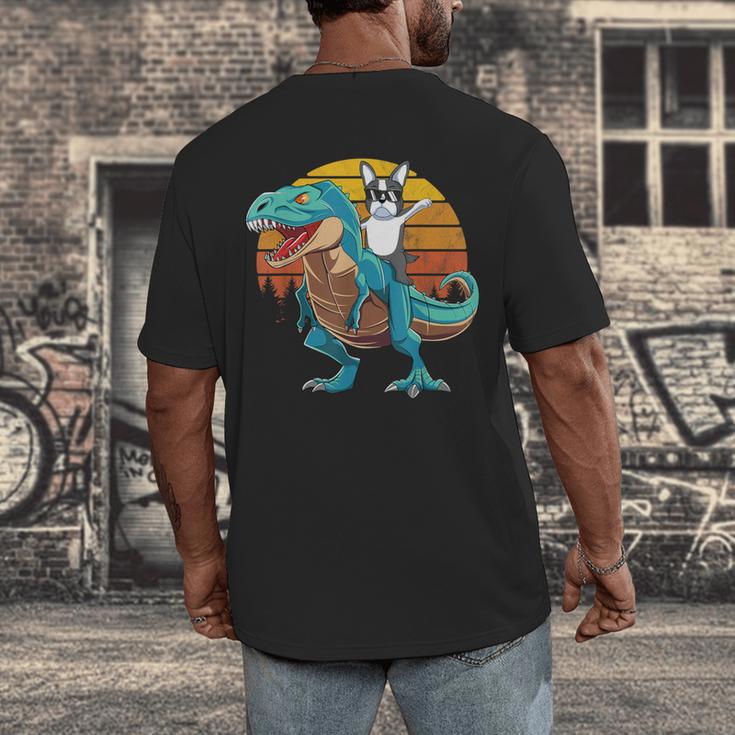 Boston Terrier Dog Riding Dinosaur T Rex Boys Men's Back Print T-Shirt, funny design
