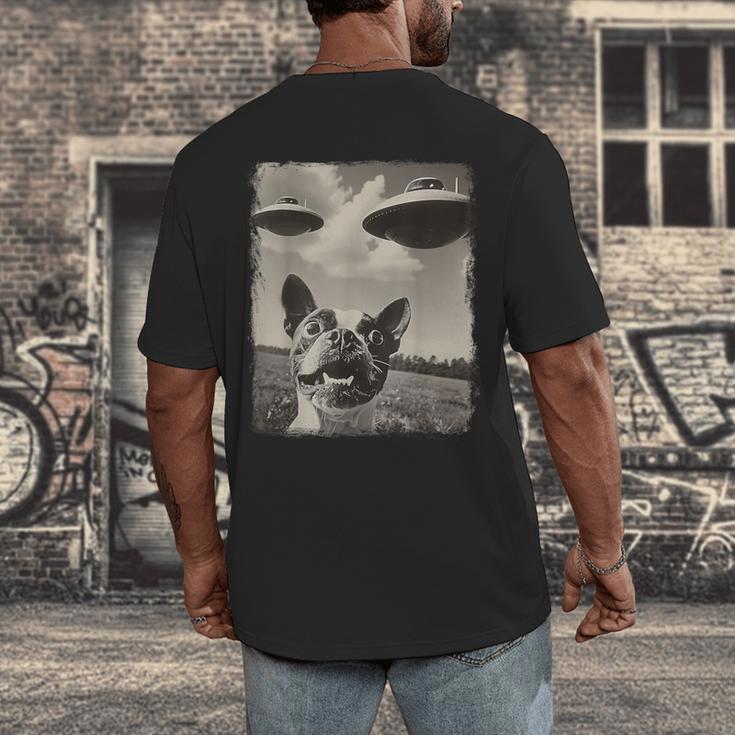 Boston Terrier Dog UFO Alien Extraterrestrial Selfie Men's Back Print T-Shirt, funny design