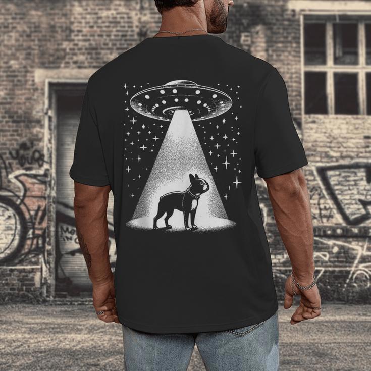 Boston Terrier Mom Dad Dog Alien UFO Men's Back Print T-Shirt, funny design