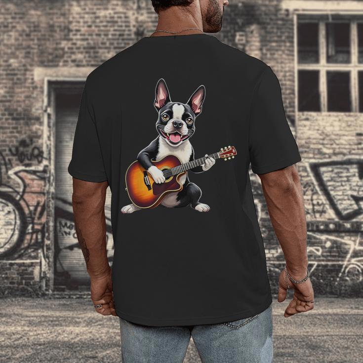 Boston Terrier Playing Guitar Boston Terrier Men's Back Print T-Shirt, funny design
