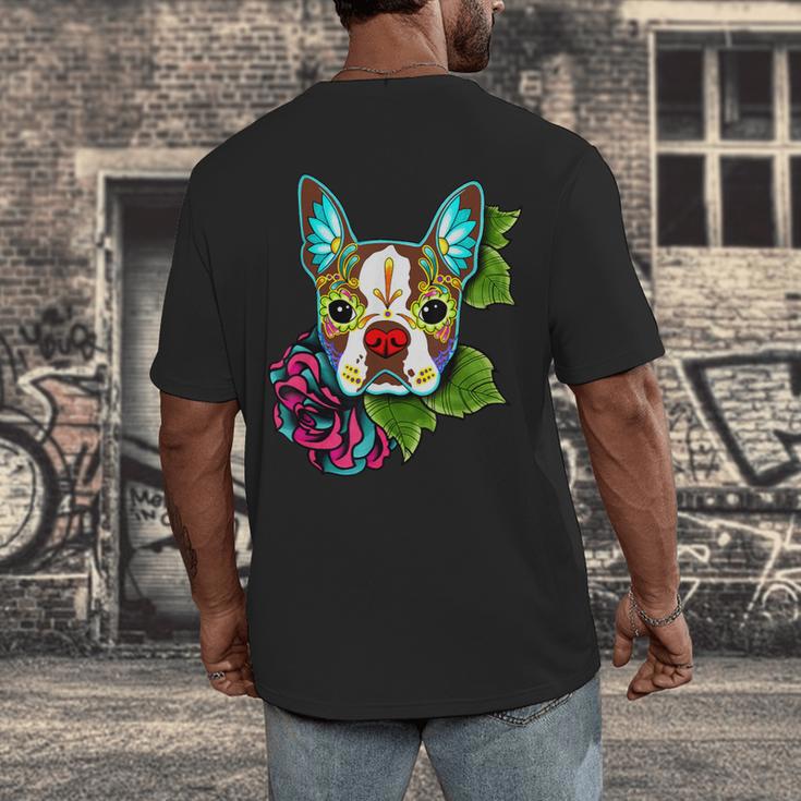 Boston Terrier In Red Day Of The Dead Sugar Skull Dog Men's Back Print T-Shirt, funny design