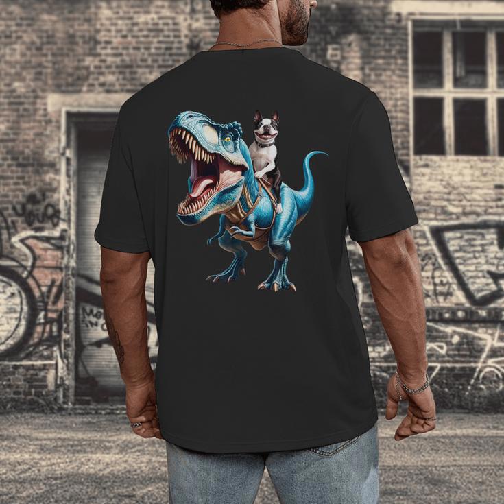 Boston Terrier Riding T-Rex Dinosaur Dog Lover Men's Back Print T-Shirt, funny design