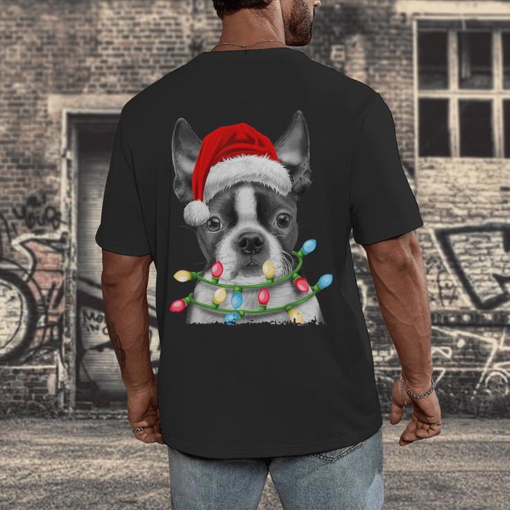 Boston Terrier Santa Christmas Tree Lights Xmas Boys Men Dog Men's Back Print T-Shirt, funny design