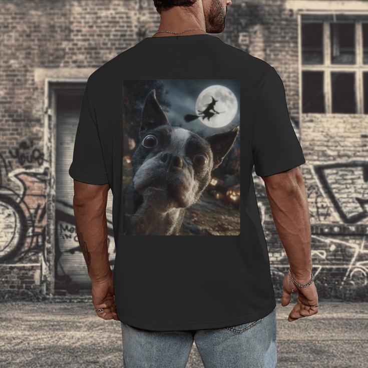 Boston Terrier Selfie Full Moon Flying Witch Halloween Dog Men's Back Print T-Shirt, funny design