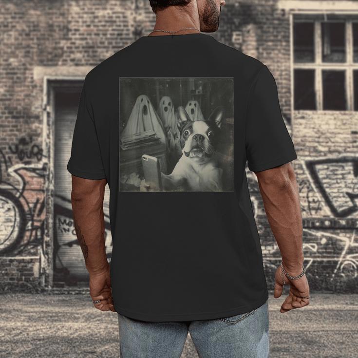 Boston Terrier Selfie With Ghosts Halloween Dog Lover Men's Back Print T-Shirt, funny design