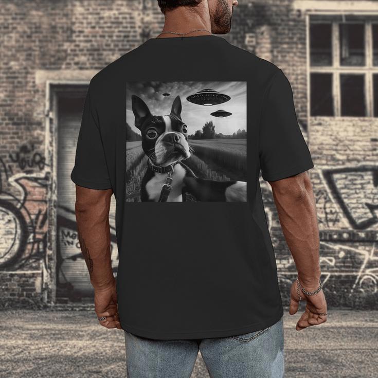 Boston Terrier Graphic Selfie With UFOs Weird Aliens Men's Back Print T-Shirt, funny design