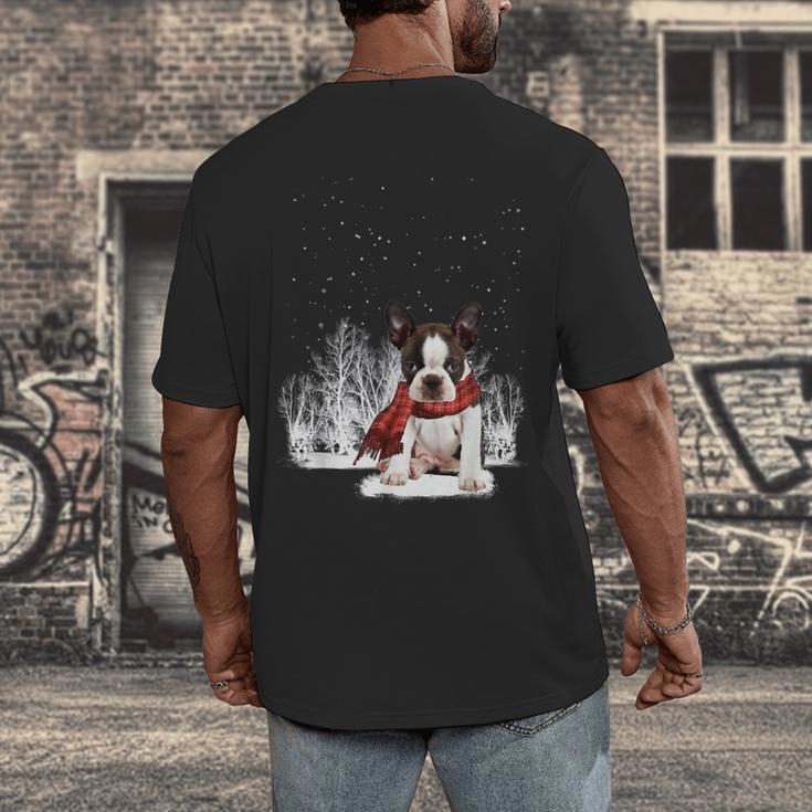 Boston Terrier In The Snow Merry Christmas Winter Men's Back Print T-Shirt, funny design