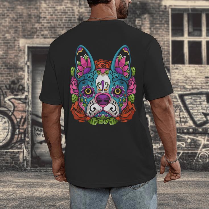 Boston Terrier Sugar Skull Dog Day Of The Dead Men's Back Print T-Shirt, funny design