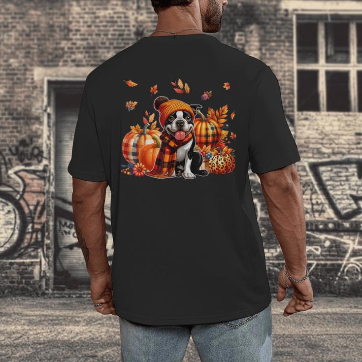 Boston Terrier Thanksgiving Leopard Pumpkins Fall Leaves Men's Back Print T-Shirt, funny design