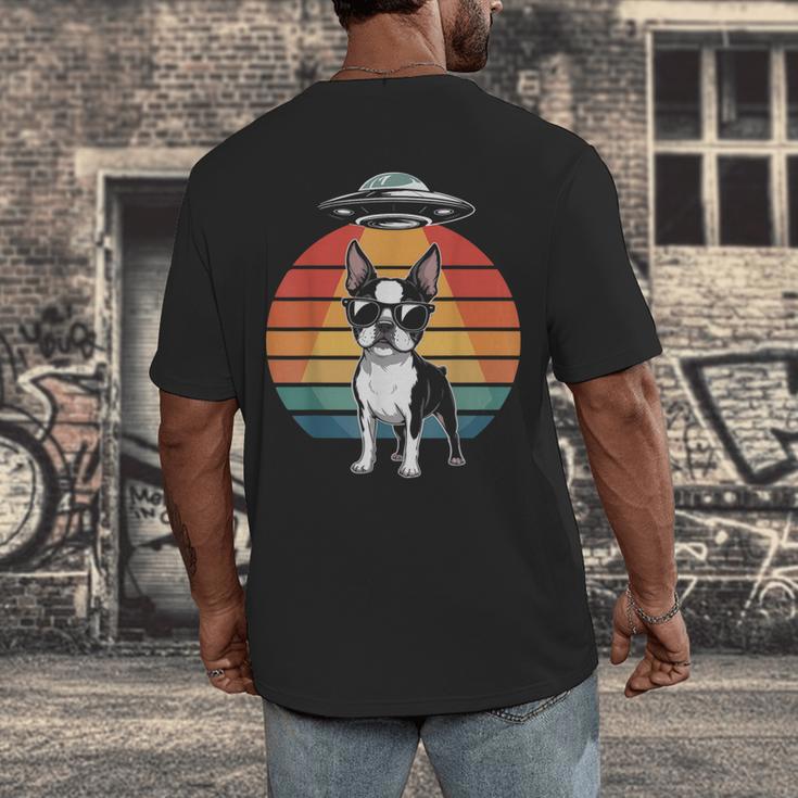 Boston Terrier UFO Alien Boston Terrier Dog Mom Dad Men's Back Print T-Shirt, funny design