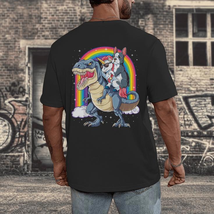 Boston Terrier Unicorn Riding Dinosaur T-Rex Girls Rainbow Men's Back Print T-Shirt, funny design