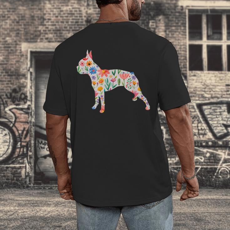 Boston Terrier Watercolor Flowers Men's Back Print T-Shirt, funny design