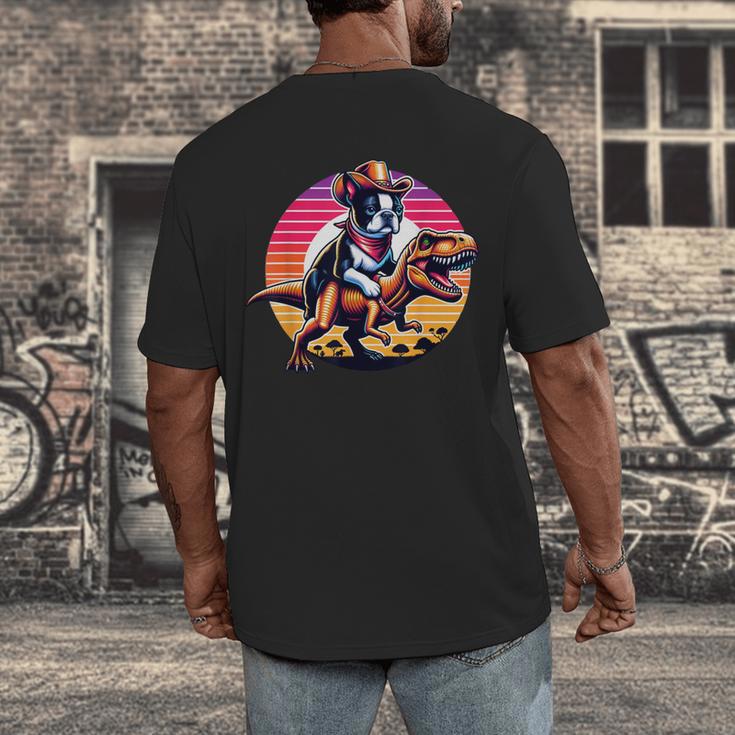 Boston Terrier Wearing A Cowboy Hat On T-Rex Men's Back Print T-Shirt, funny design