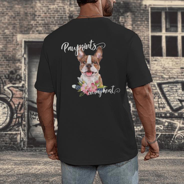 Brown Boston Terrier With Flowers And Feathers Men's Back Print T-Shirt, funny design