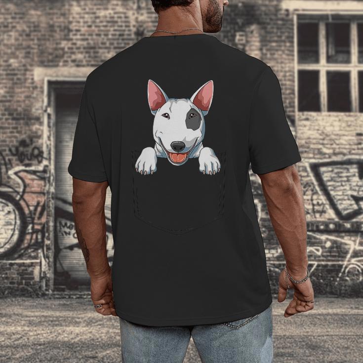 Bull Terrier Pocket Bull Terrier Peeking Out Pocket Men's Back Print T-Shirt, funny design