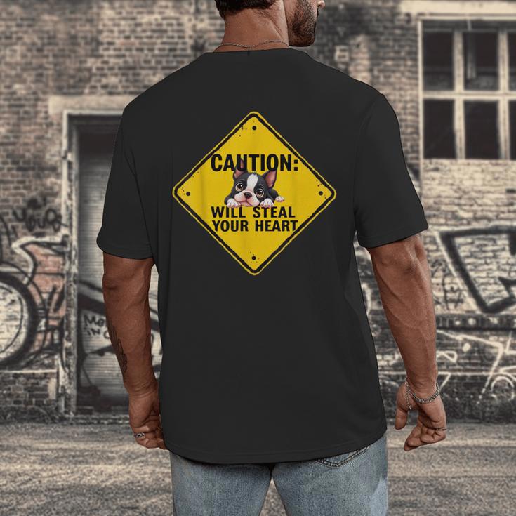 Caution Sign Boston Terrier Dog Bostie Puppy Men's Back Print T-Shirt, funny design