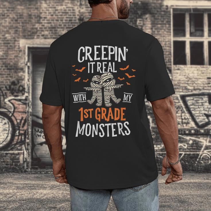 Creepin It Real With My 1st Grade Monsters Halloween Teacher Men's Back Print T-Shirt, funny design