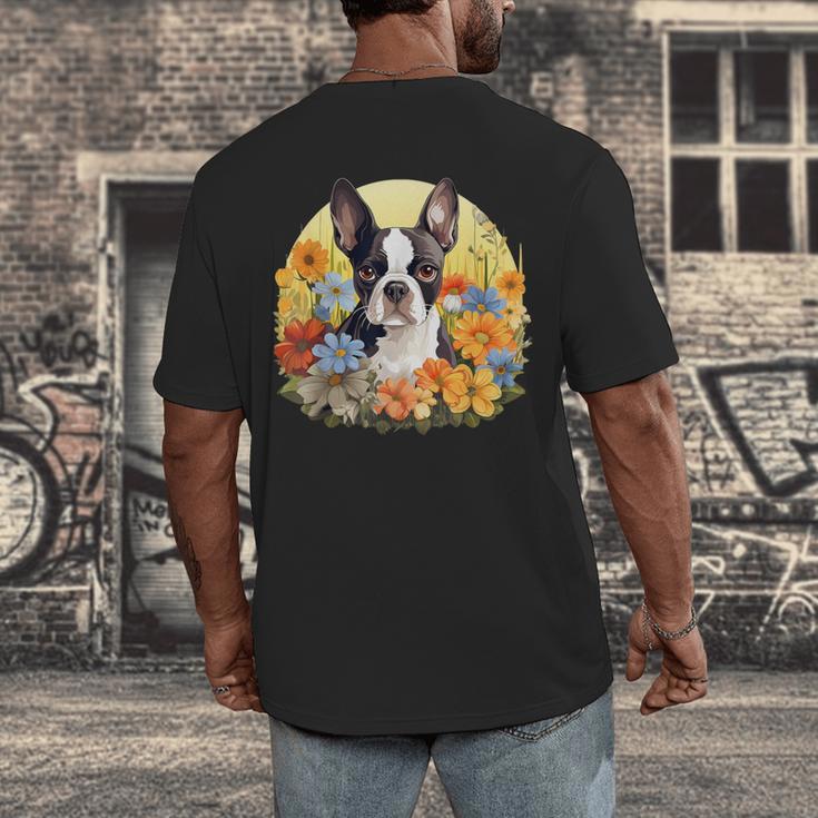 Cute Boston Terrier Spring Flower Garden Colorful Puppy Dog Men's Back Print T-Shirt, funny design