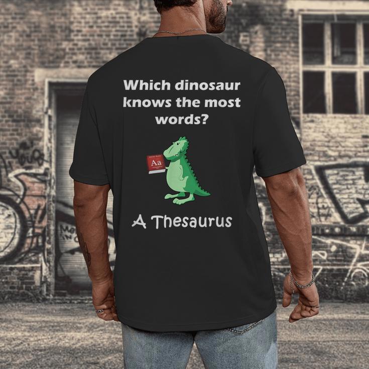 Dinosaur Thesaurus Grammar Joke Teacher Men's Back Print T-Shirt, funny design Dinosaur Thesaurus Grammar Joke Teacher Men's Back Print T-Shirt, funny design