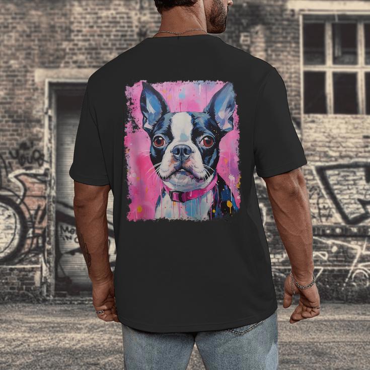 Dog Pink Boston Terrier Men's Back Print T-Shirt, funny design