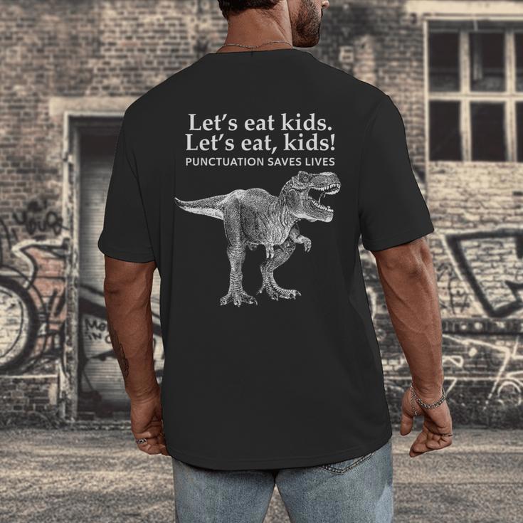 Lets Eat Kids Punctuation Saves Lives Dinosaur Teacher Men's Back Print T-Shirt, funny design Lets Eat Kids Punctuation Saves Lives Dinosaur Teacher Men's Back Print T-Shirt, funny design