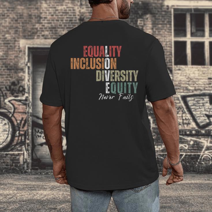 Equality Inclusion Diversity Equity Love Never Fails Teacher Men's Back Print T-Shirt, funny design Equality Inclusion Diversity Equity Love Never Fails Teacher Men's Back Print T-Shirt, funny design