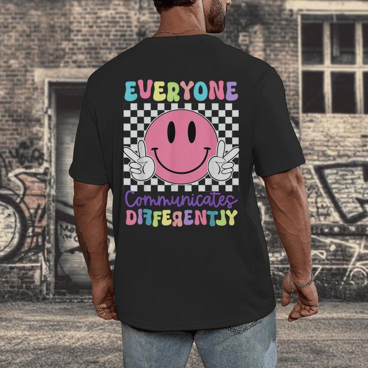 Everyone Communicates Differently Autism Awareness Teacher Men's Back Print T-Shirt, funny design Everyone Communicates Differently Autism Awareness Teacher Men's Back Print T-Shirt, funny design