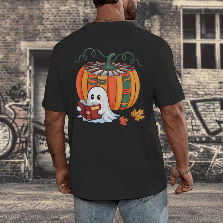 Fall Book Pumpkin Ghost Reading Books Halloween Teacher Men's Back Print T-Shirt, funny design Fall Book Pumpkin Ghost Reading Books Halloween Teacher Men's Back Print T-Shirt, funny design