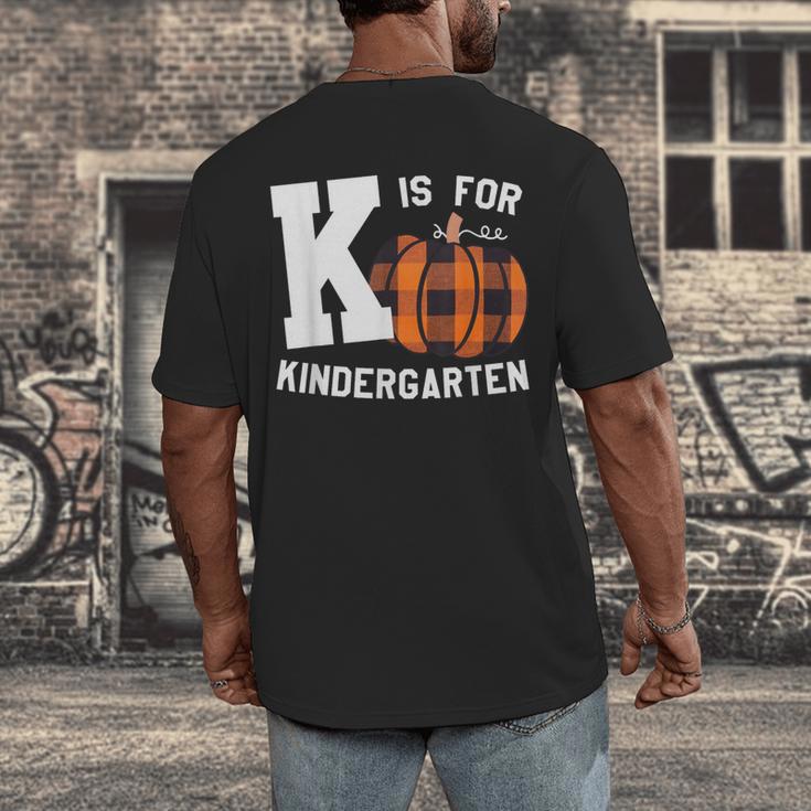 Fall Kindergarten Teacher K Is For Buffalo Plaid Pumpkin Men's Back Print T-Shirt, funny design Fall Kindergarten Teacher K Is For Buffalo Plaid Pumpkin Men's Back Print T-Shirt, funny design