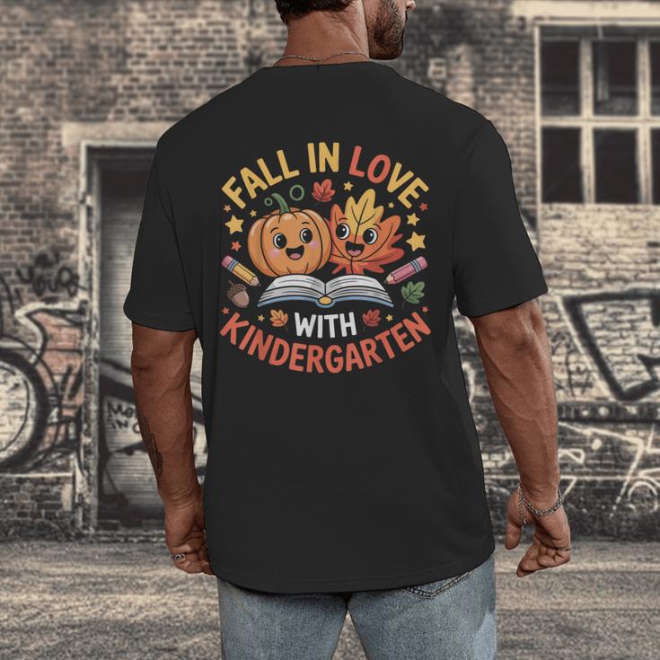 Fall In Love With Kindergarten Autumn Kindergarten Teacher Men's Back Print T-Shirt, funny design Fall In Love With Kindergarten Autumn Kindergarten Teacher Men's Back Print T-Shirt, funny design