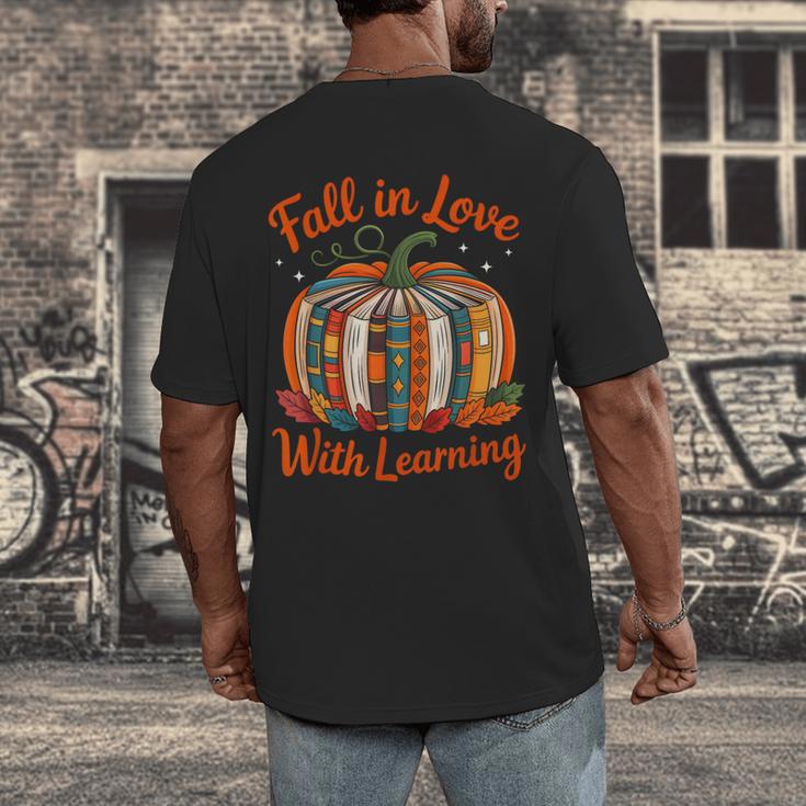 Fall In Love With Learning Book Lover Autumn Pumpkin Teacher Men's Back Print T-Shirt, funny design