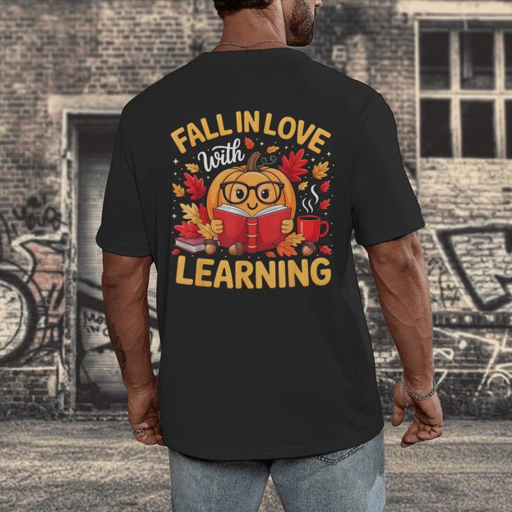 Fall In Love With Learning Pumpkin Thanksgiving Teacher Fall Men's Back Print T-Shirt, funny design Fall In Love With Learning Pumpkin Thanksgiving Teacher Fall Men's Back Print T-Shirt, funny design
