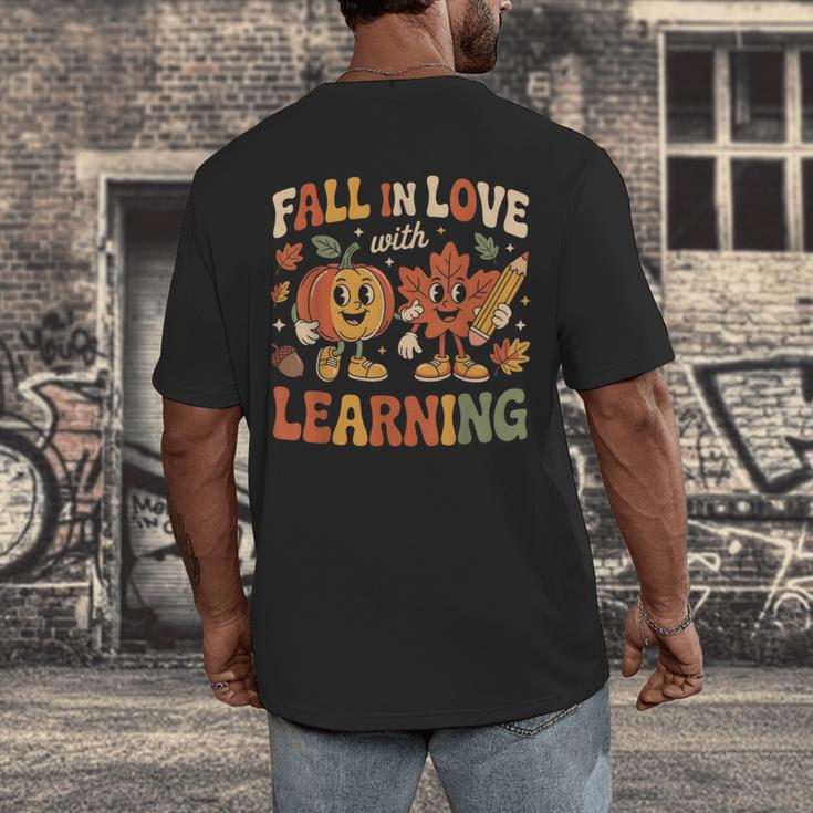 Fall In Love With Learning Retro Autumn Thanksgiving Teacher Men's Back Print T-Shirt, funny design