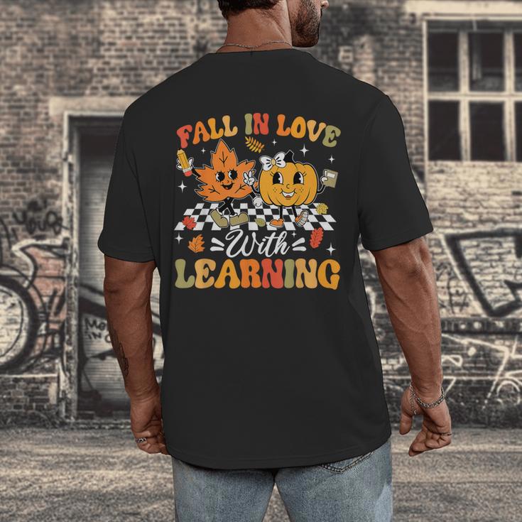 Fall In Love With Learning Fall Teacher Thanksgiving Retro Men's Back Print T-Shirt, funny design Fall In Love With Learning Fall Teacher Thanksgiving Retro Men's Back Print T-Shirt, funny design