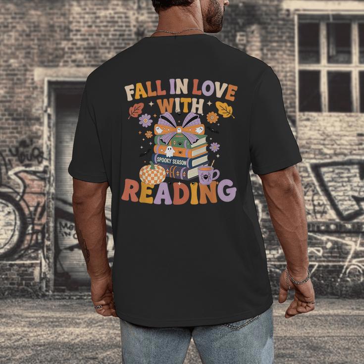 Fall In Love With Reading Halloween Stack Of Book Teacher Men's Back Print T-Shirt, funny design Fall In Love With Reading Halloween Stack Of Book Teacher Men's Back Print T-Shirt, funny design
