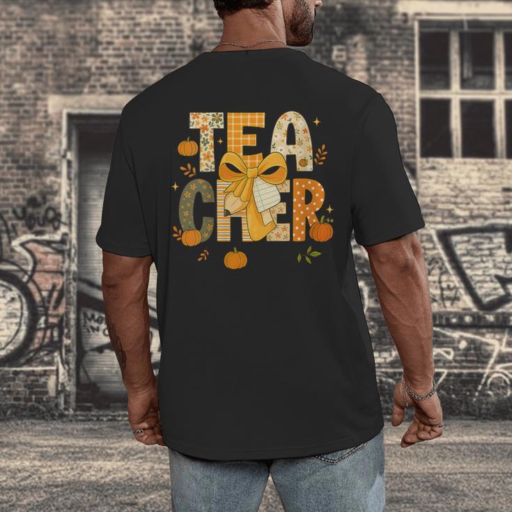 Fall Teacher Pumpkin Coquette Bow Autumn Classroom Men's Back Print T-Shirt, funny design Fall Teacher Pumpkin Coquette Bow Autumn Classroom Men's Back Print T-Shirt, funny design