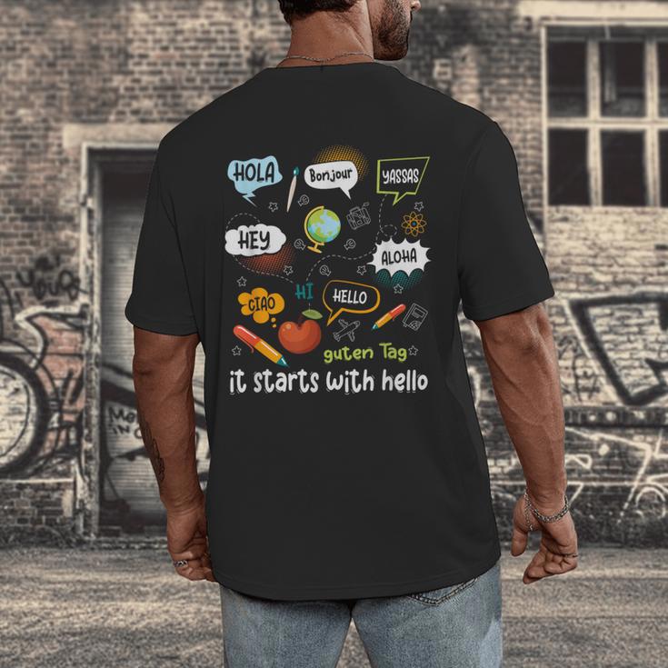 Friendship Inclusion Language Teacher It Starts With Hello Men's Back Print T-Shirt, funny design Friendship Inclusion Language Teacher It Starts With Hello Men's Back Print T-Shirt, funny design