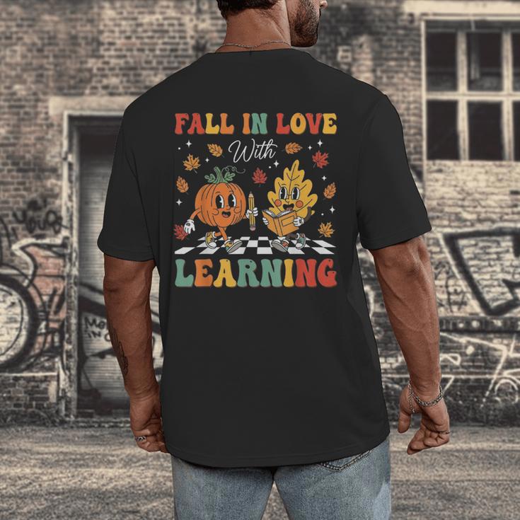 Groovy Fall In Love With Learning Autumn Pumpkin Teacher Men's Back Print T-Shirt, funny design Groovy Fall In Love With Learning Autumn Pumpkin Teacher Men's Back Print T-Shirt, funny design