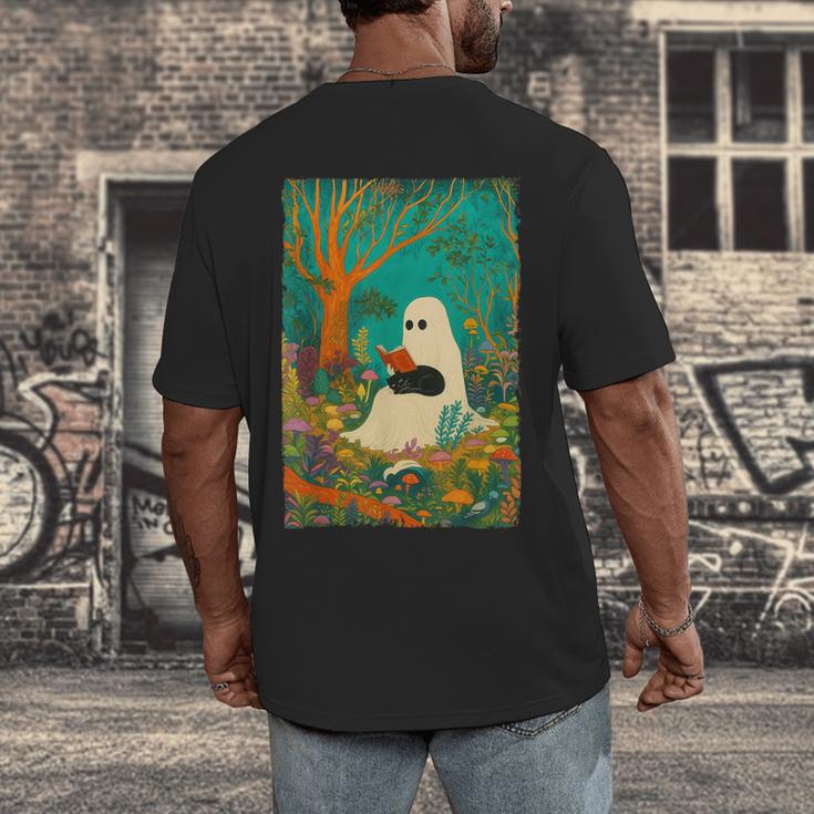 Groovy Ghost Reading Book Cat Halloween Ghost Teacher Men's Back Print T-Shirt, funny design