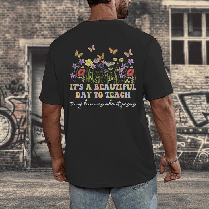 Groovy I Teach Tiny Humans About Jesus Christian Teacher Men's Back Print T-Shirt, funny design
