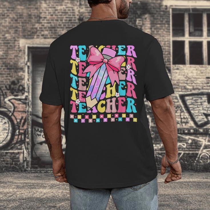 Groovy Teacher Cute Coquette Bow Flower Retro Back To School Men's Back Print T-Shirt, funny design