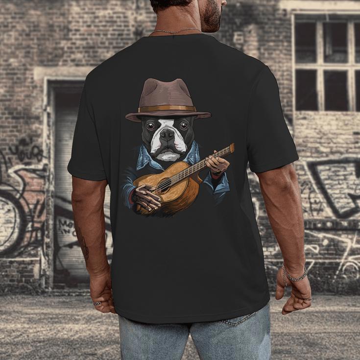 Guitar Shirt Boston Terrier Dog Playing Acoustic Guitar Men's Back Print T-Shirt, funny design