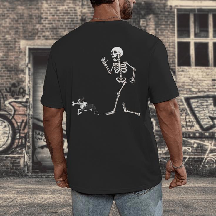 Halloween Boston Terrier And Skeleton Men's Back Print T-Shirt, funny design