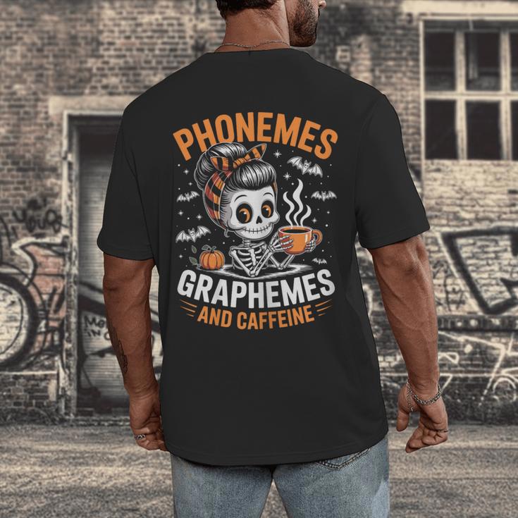 Halloween Skeleton Teacher Phonemes Graphemes Caffeine Lover Men's Back Print T-Shirt, funny design