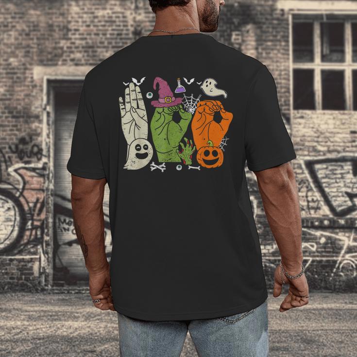 Halloween SPED Teacher Boo In ASL Boo Hands Sign Language Men's Back Print T-Shirt, funny design