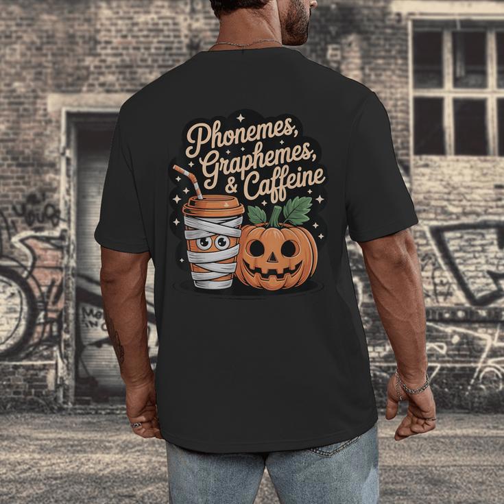 Halloween Teacher Phonemes Graphemes Caffeine Coffee Lover Men's Back Print T-Shirt, funny design Halloween Teacher Phonemes Graphemes Caffeine Coffee Lover Men's Back Print T-Shirt, funny design