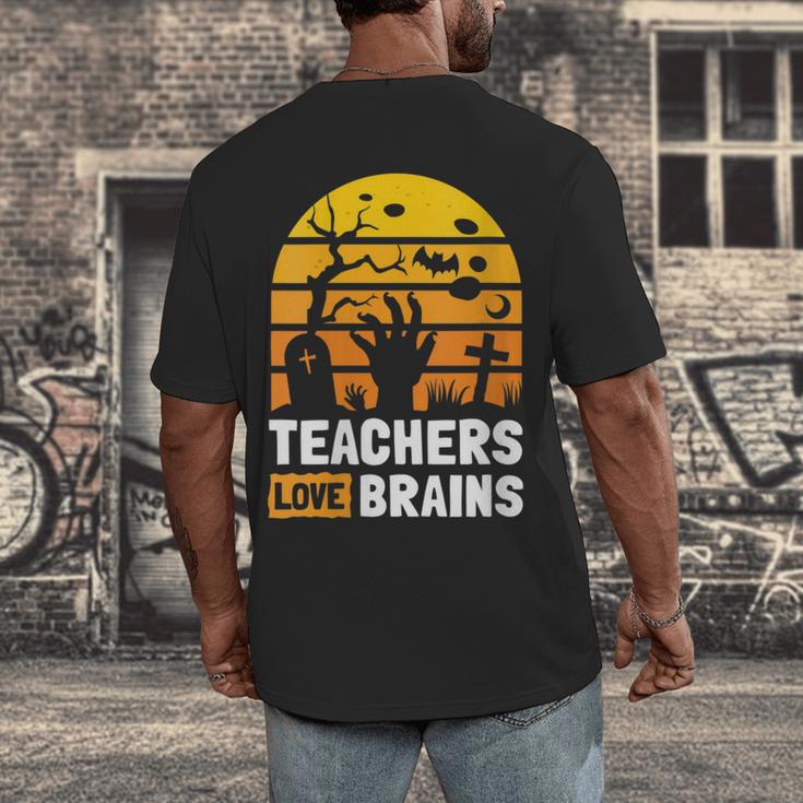 Halloween Teachers Science Math Teachers Love Brains Men's Back Print T-Shirt, funny design