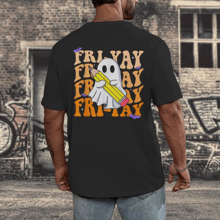 Happy Fri-Yay Friday Lovers Groovy Teacher Life Halloween Men's Back Print T-Shirt, funny design Happy Fri-Yay Friday Lovers Groovy Teacher Life Halloween Men's Back Print T-Shirt, funny design