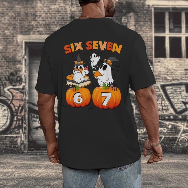 Haunted By 67 Boo Ghost Pumpkin Halloween Teacher Men's Back Print T-Shirt, funny design