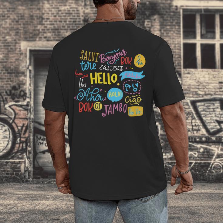 Hello Word In Different Languages Travel And Teacher Lover Men's Back Print T-Shirt, funny design Hello Word In Different Languages Travel And Teacher Lover Men's Back Print T-Shirt, funny design